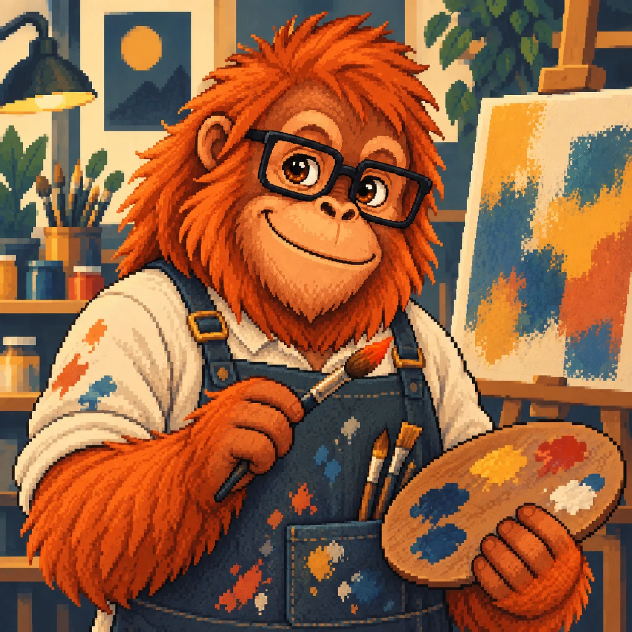 An orangutan artist holding a paint palette.