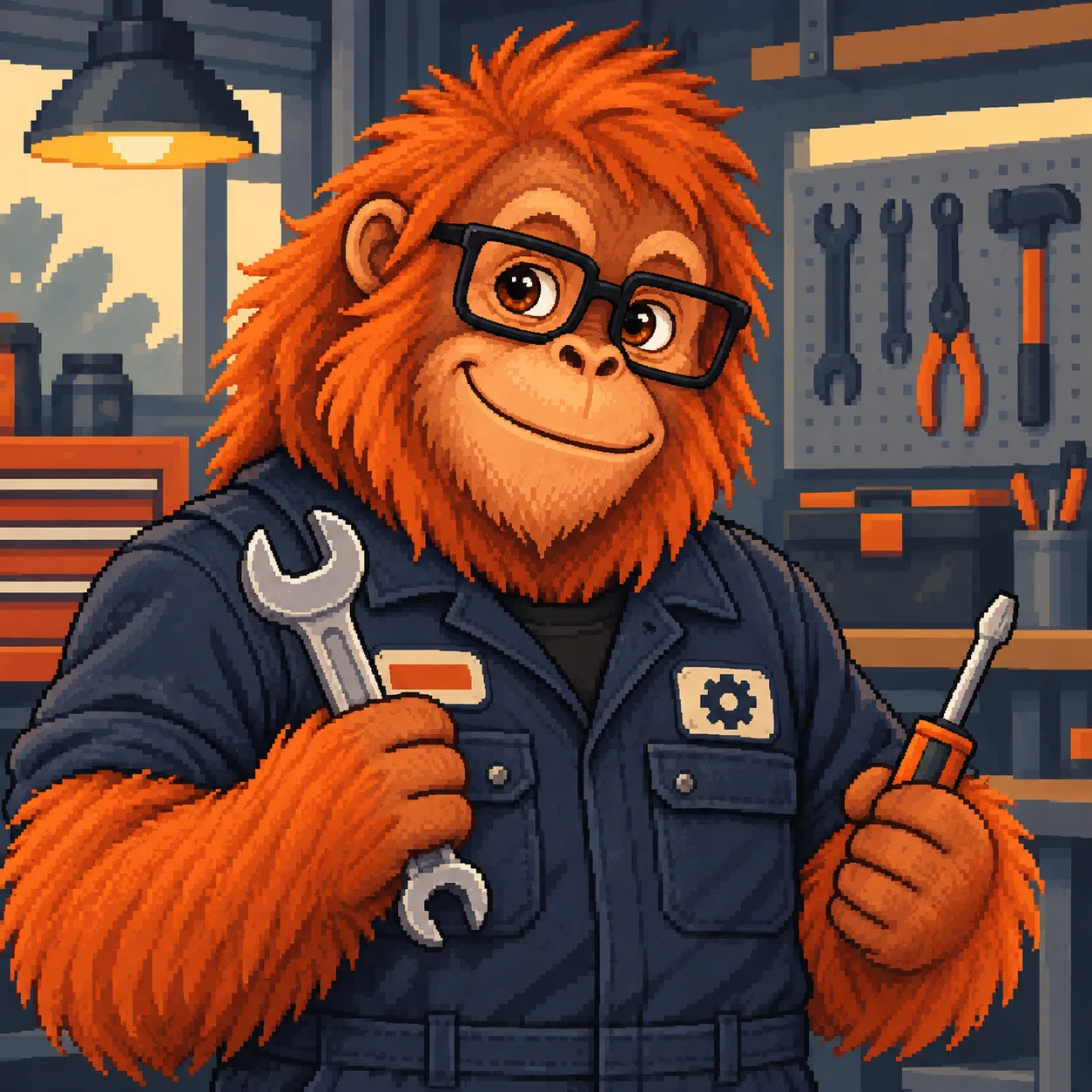 An orangutan mechanic carrying tools.