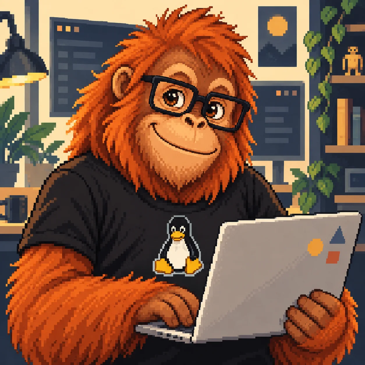 An orangutan software engineer working on a laptop.