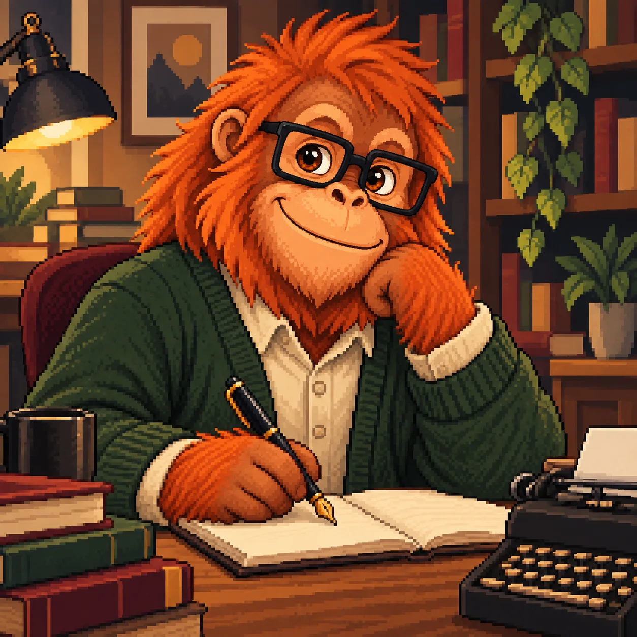 An orangutan writer carrying a notebook.