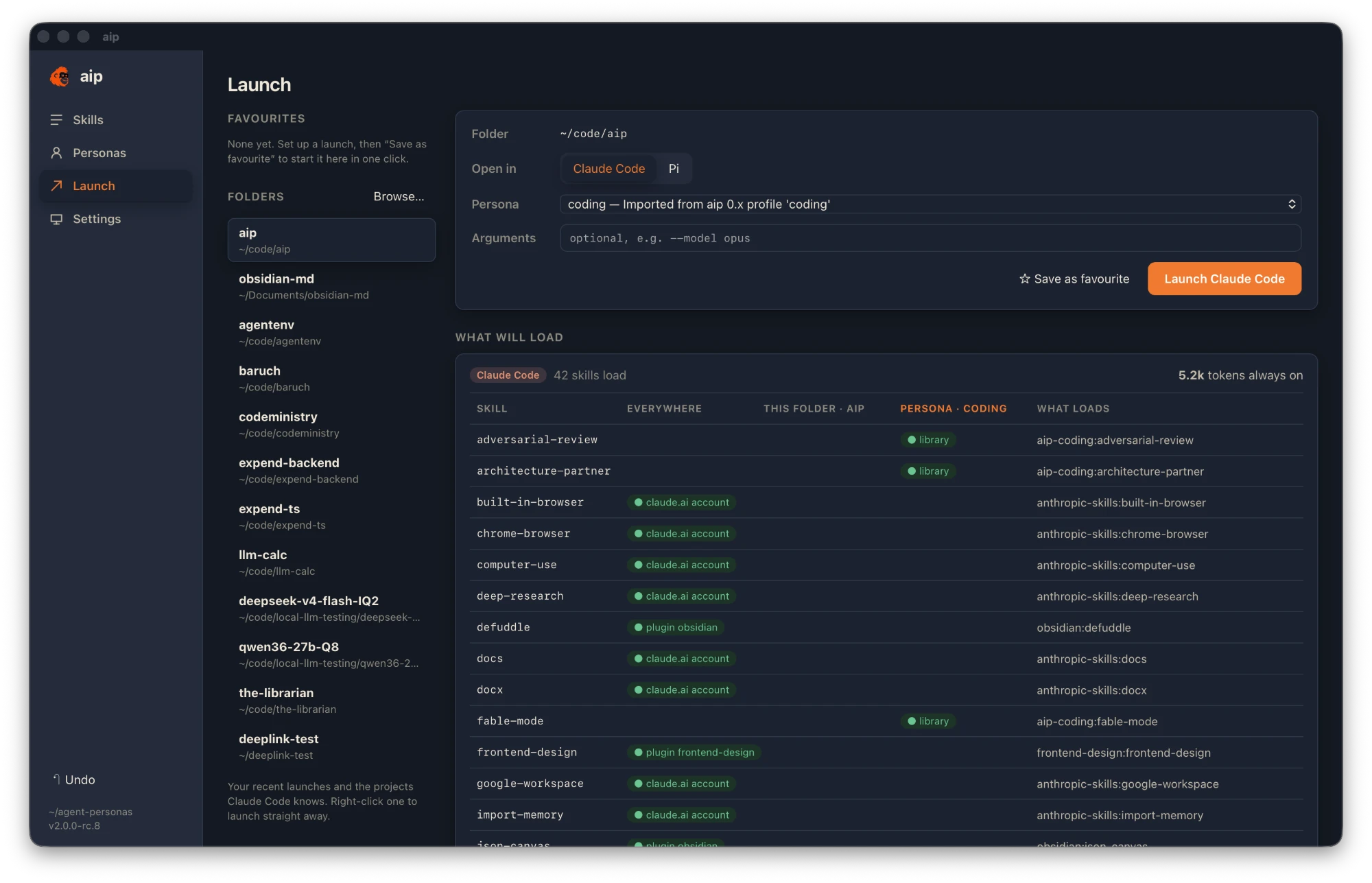 The Launch screen with a folder, Claude Code and the coding persona chosen, above a preview of what will load.