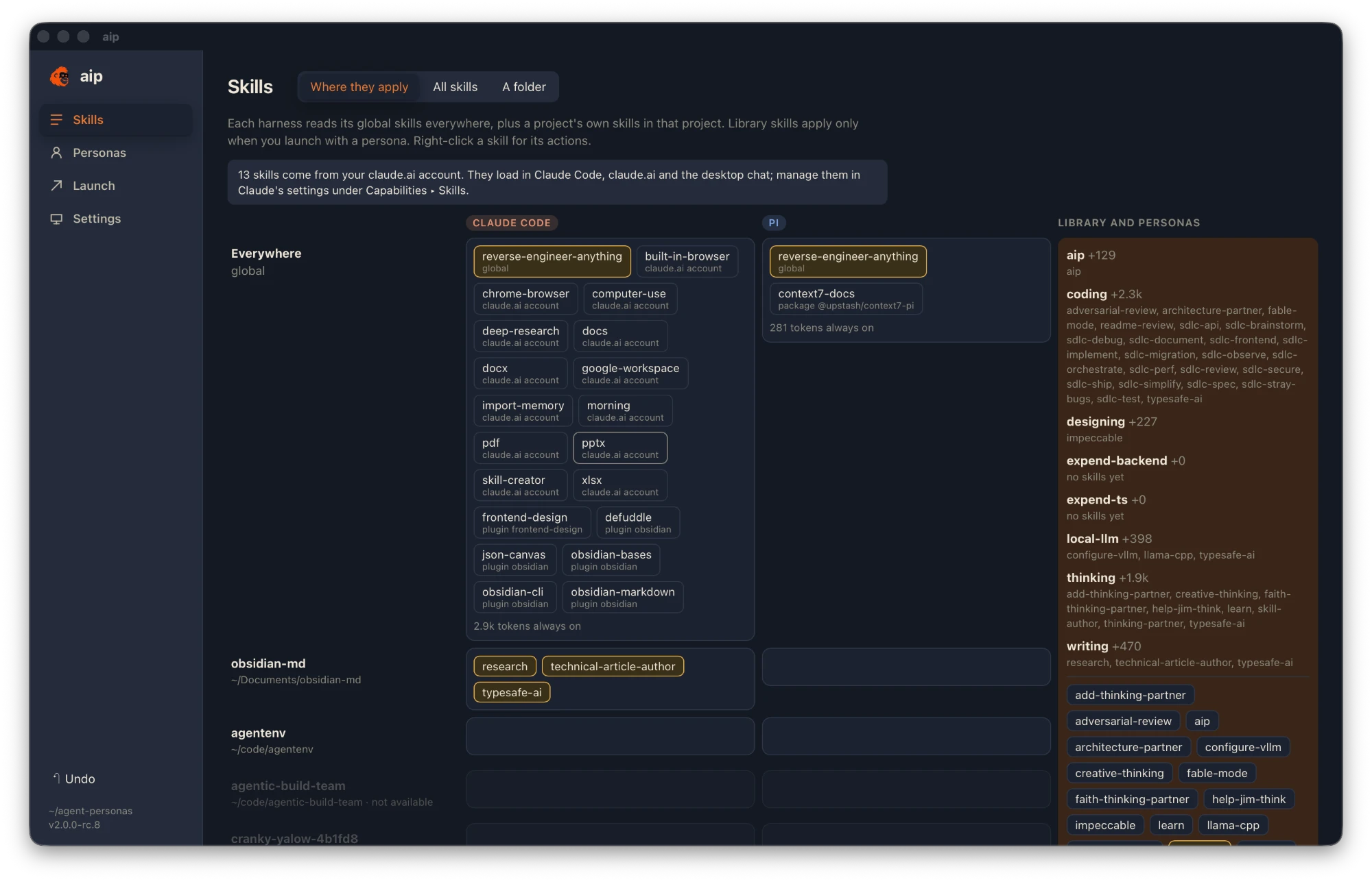 The Skills screen mapping where each skill applies: everywhere, in each project, or with a persona, in separate lanes for Claude Code and Pi.