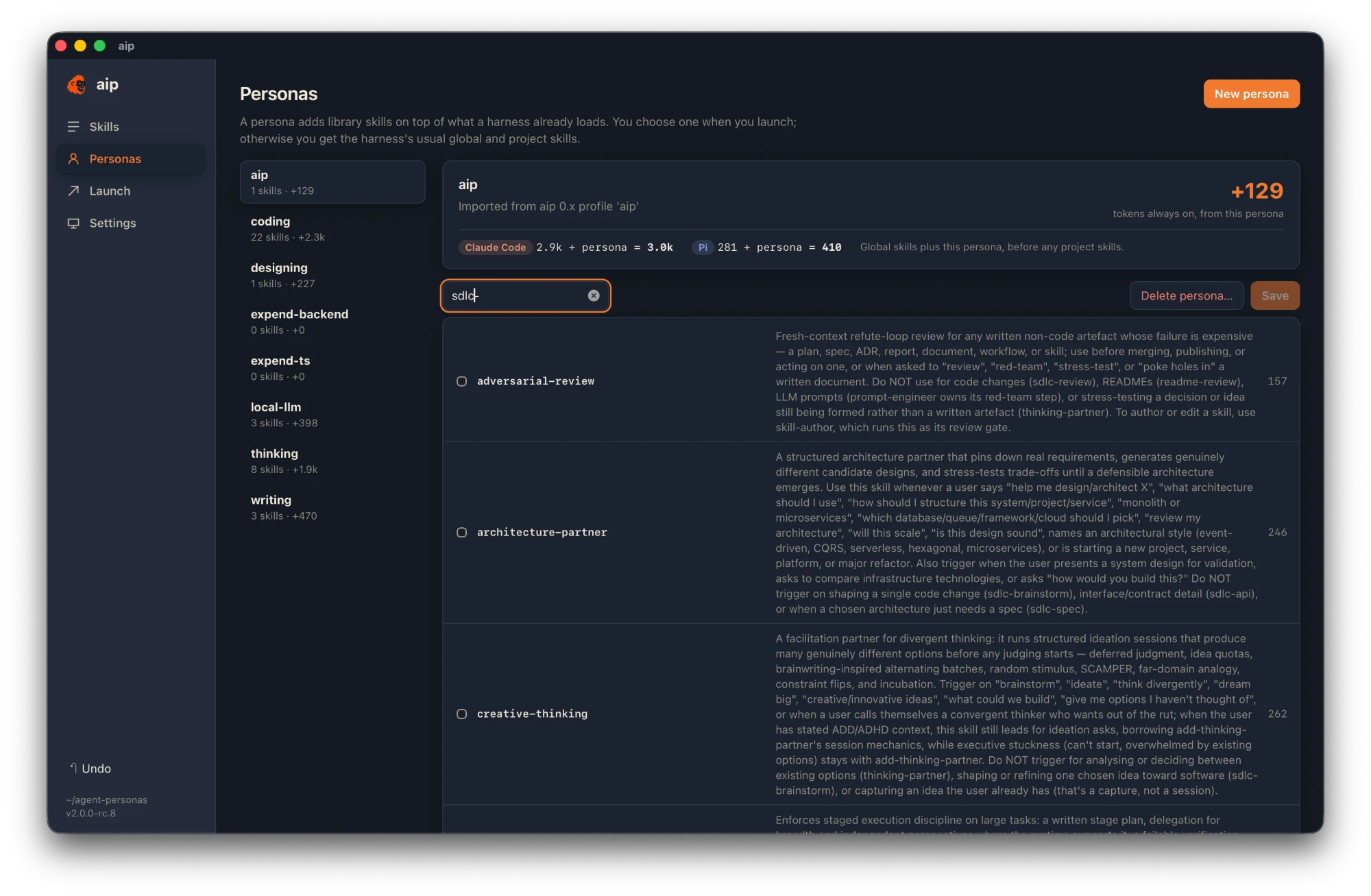 The Personas screen: a list of personas, the library filtered to find skills to add, and the selected persona’s always-on token cost for Claude Code and Pi.