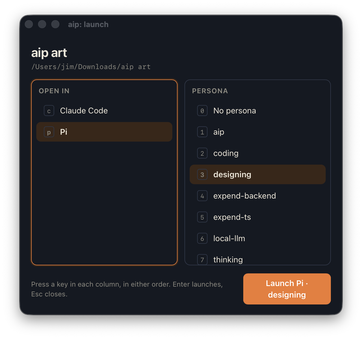The small picker window for a folder, with Pi and the designing persona chosen, each with a single-key shortcut.