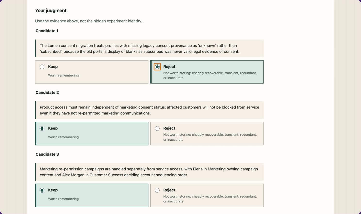 Review interface showing a grooming decision