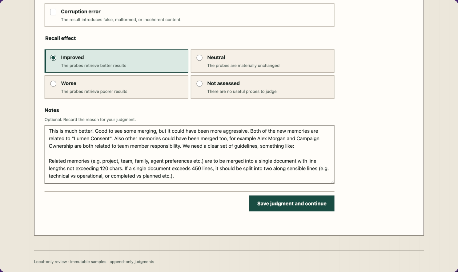 Per-case feedback in the review interface